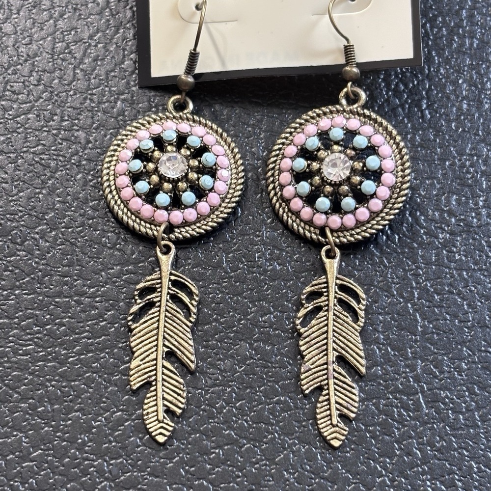 NEW Superstar‎ Dreamcatcher Drop Dangle Pierced Earrings Brass Tone Pink Blue